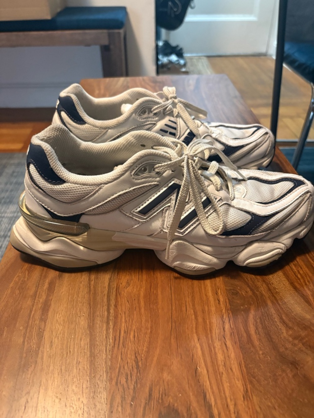New Balance White Sneakers with Navy and Gold Accents